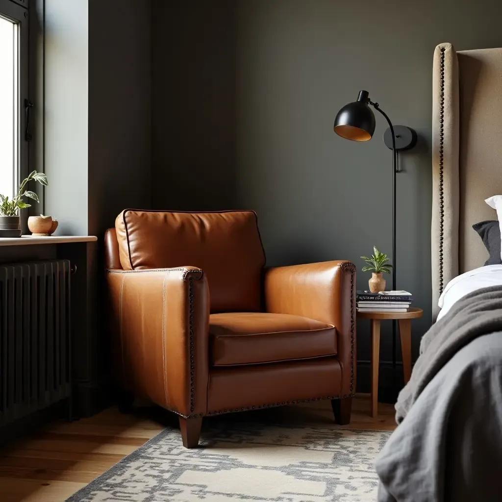 a photo of a rugged leather armchair in a stylish bedroom corner