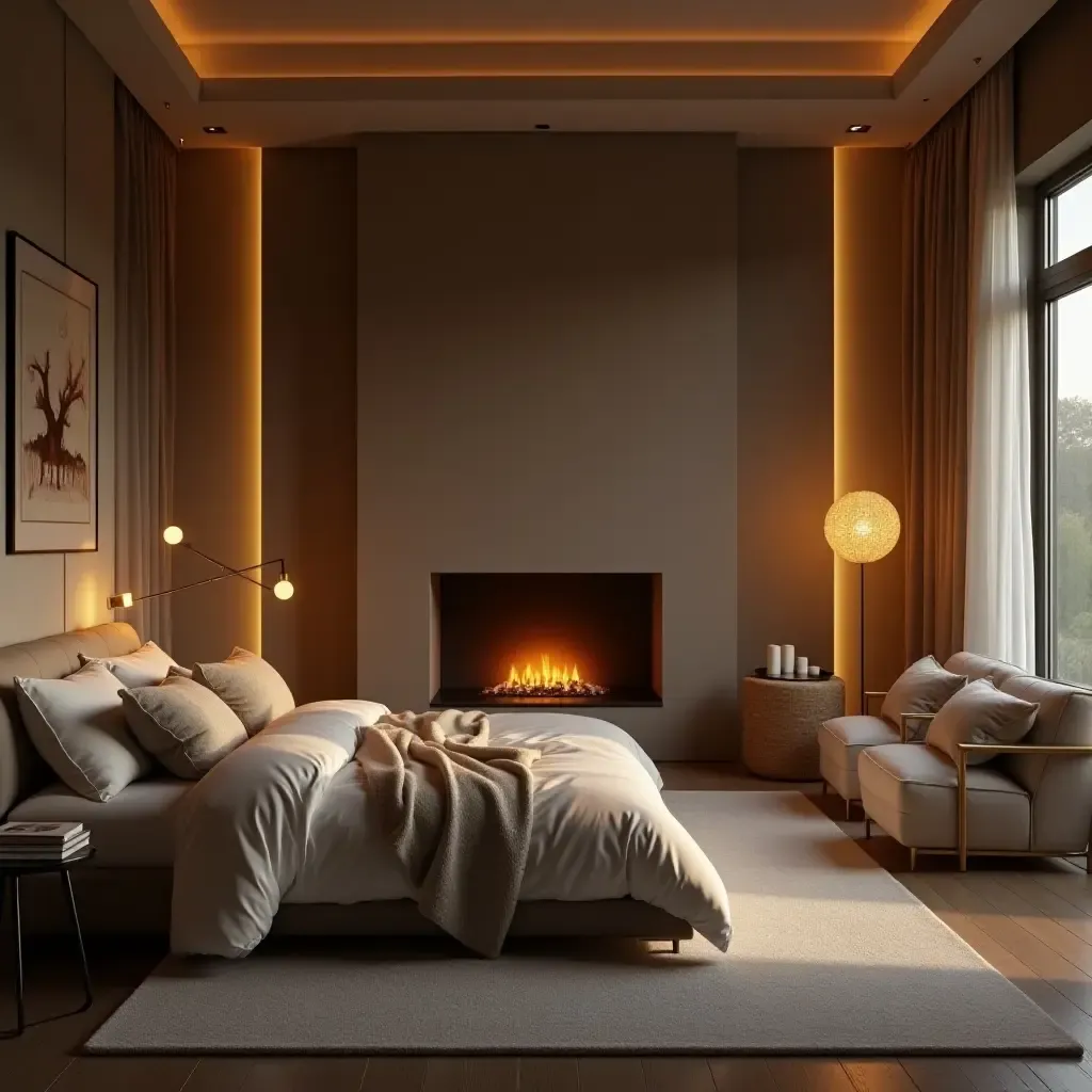 a photo of a cozy bedroom with a fireplace and soft lighting