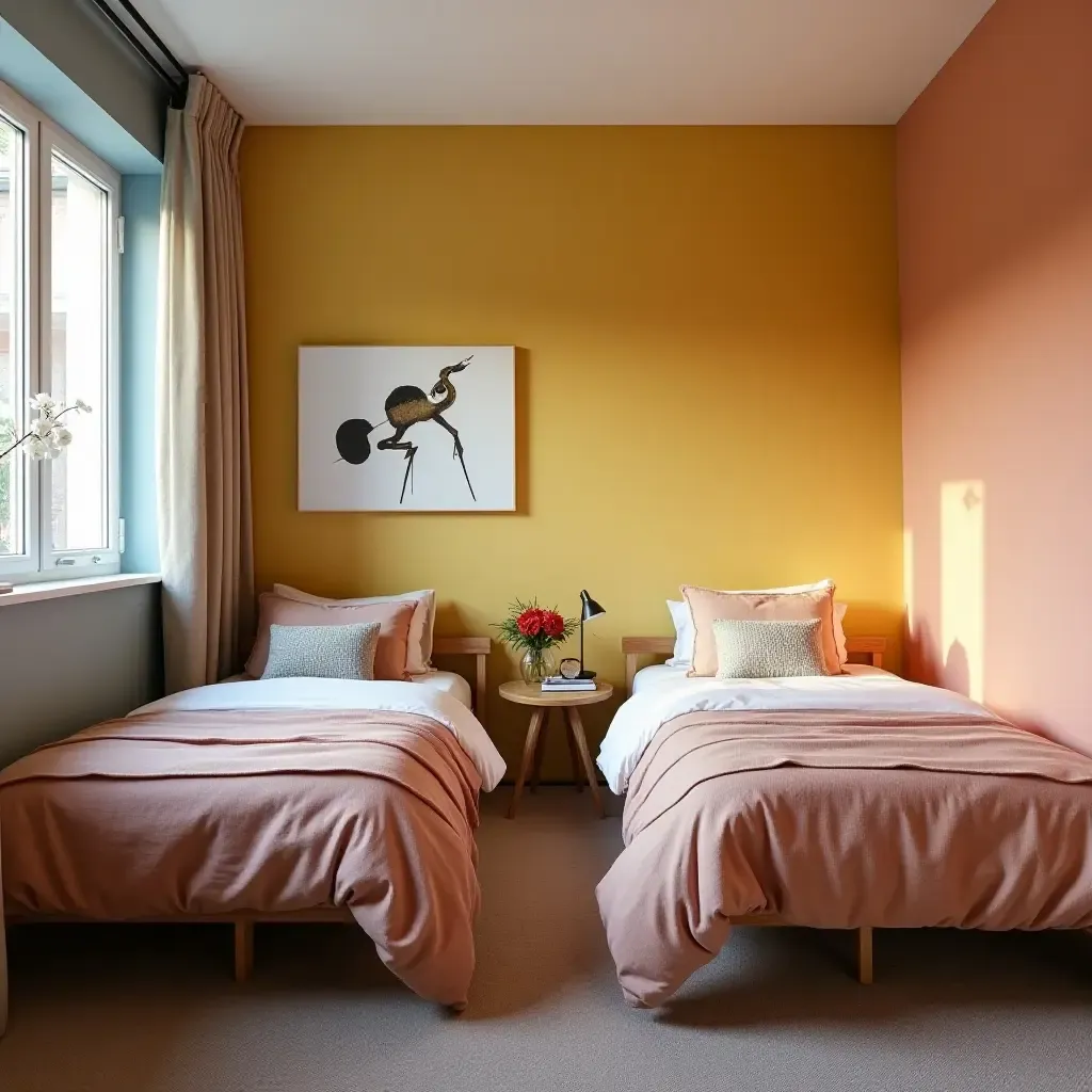 a photo of a shared bedroom with a vibrant accent wall and cozy bedding