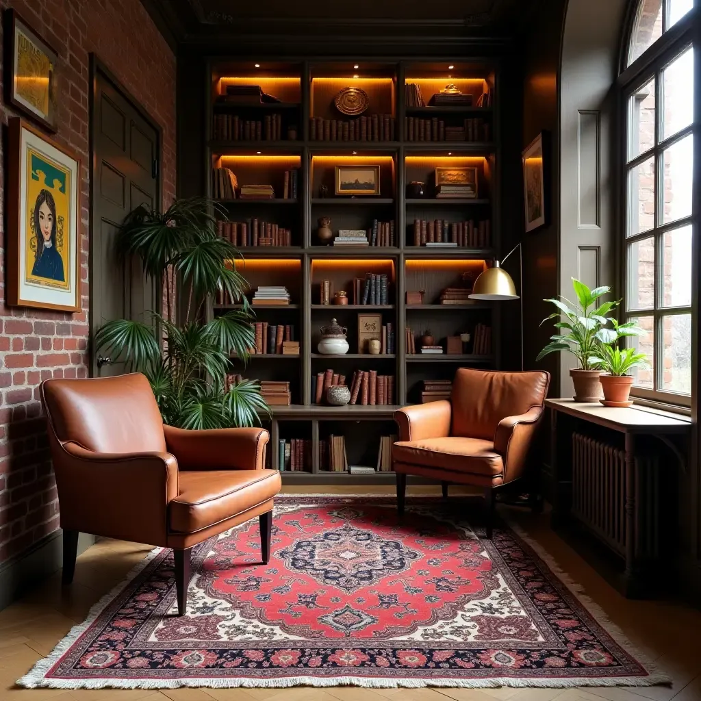 a photo of a vintage Persian rug in a cozy library corner