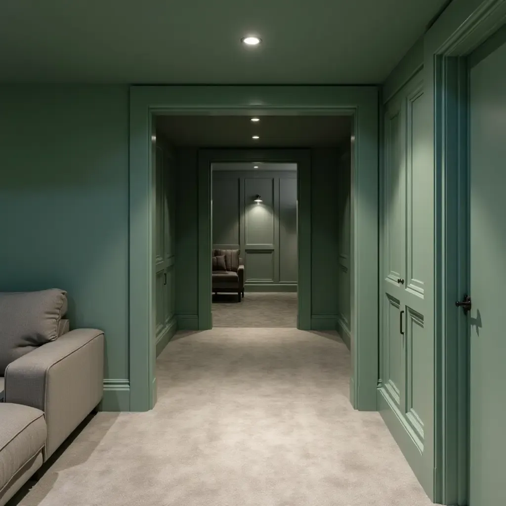 a photo of a stylish basement with mint green and charcoal gray color scheme