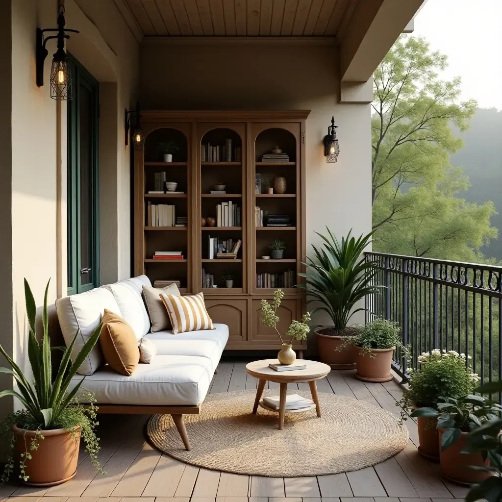 a photo of a vintage balcony with a small outdoor bookshelf and cozy seating