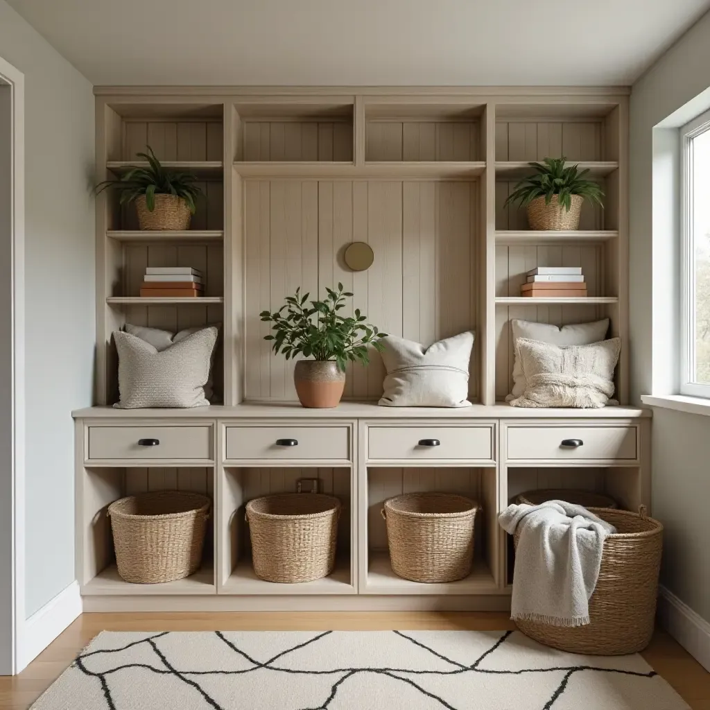 a photo of a chic basement with decorative baskets for storage