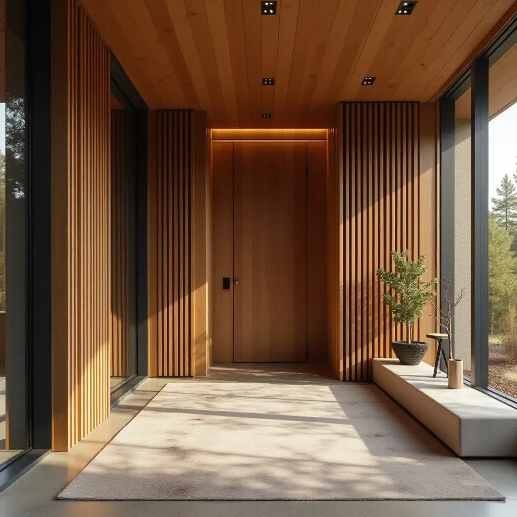 a photo of an artistic entrance hall featuring unique fabric, sculptural wood, and modern metal