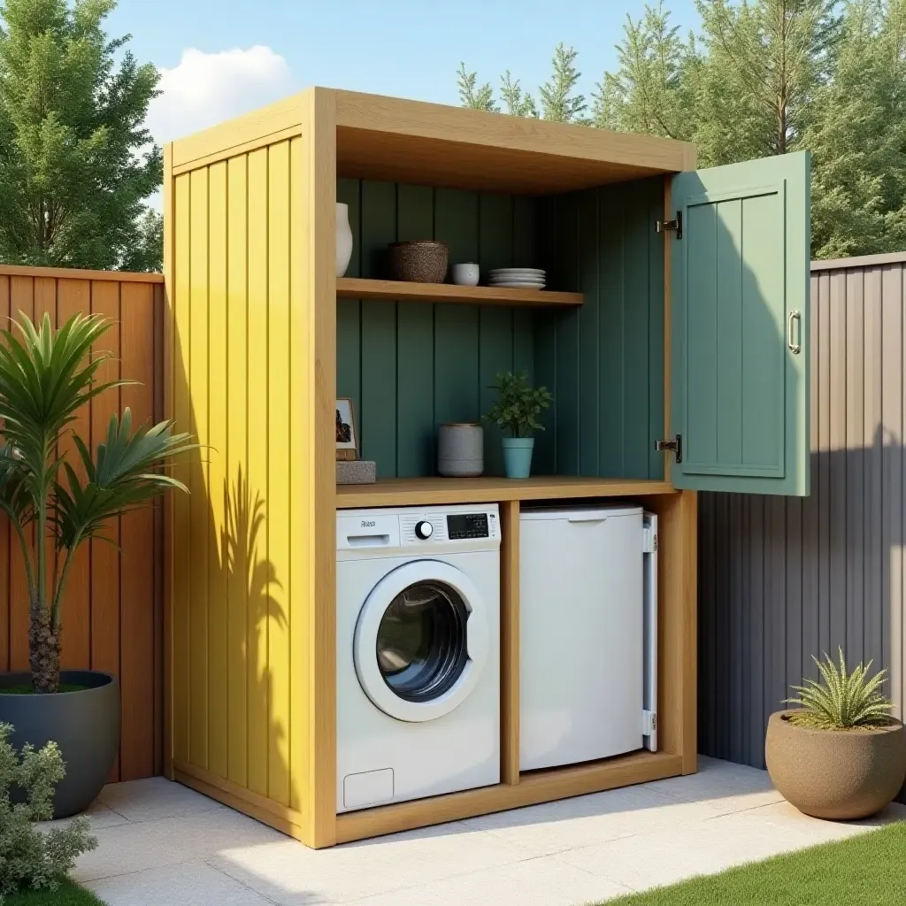 a photo of a compact outdoor laundry corner with space-saving designs and bright colors