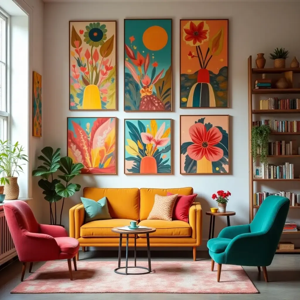 a photo of a vibrant art corner with colorful artworks and comfy seating