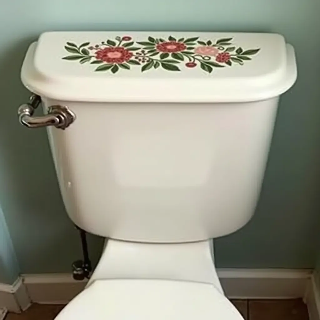 a photo of a vintage porcelain toilet tank with floral designs