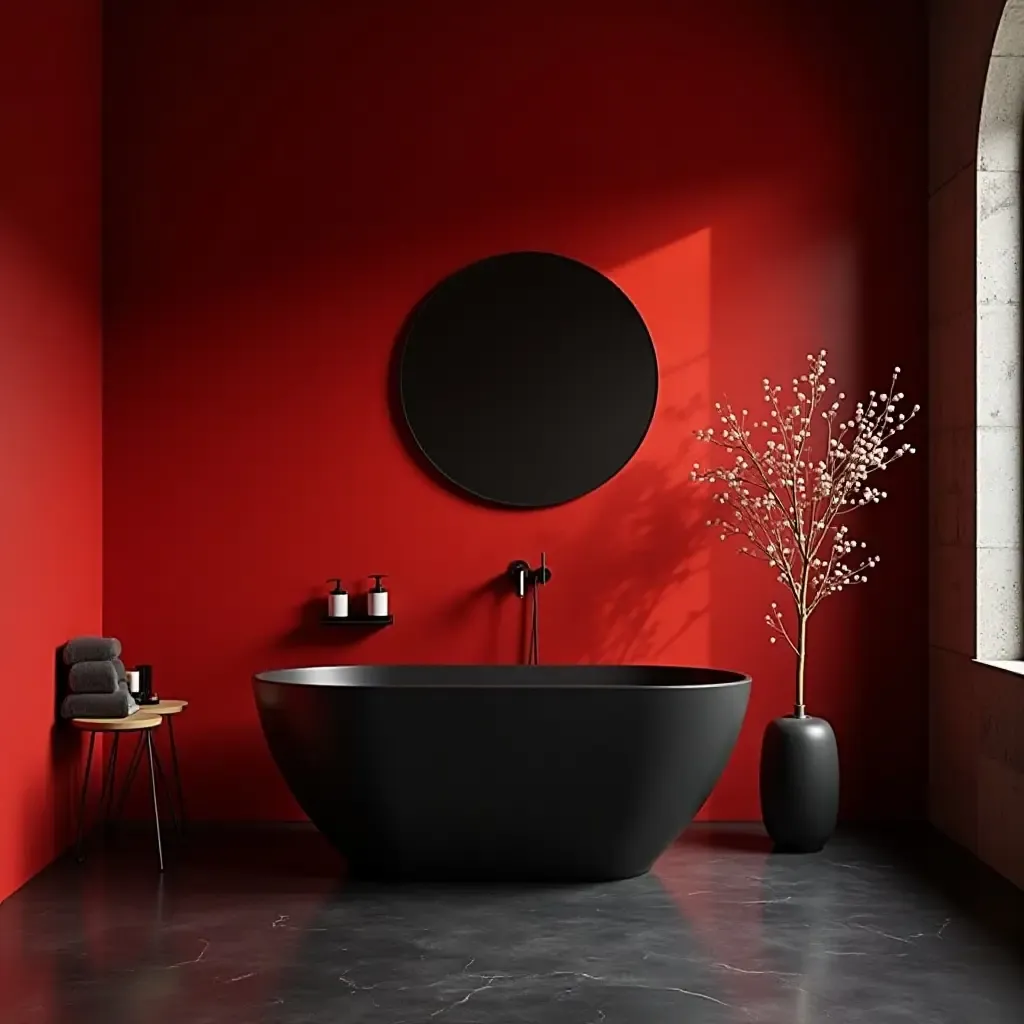 a photo of a bold red and black bathroom with contemporary design elements