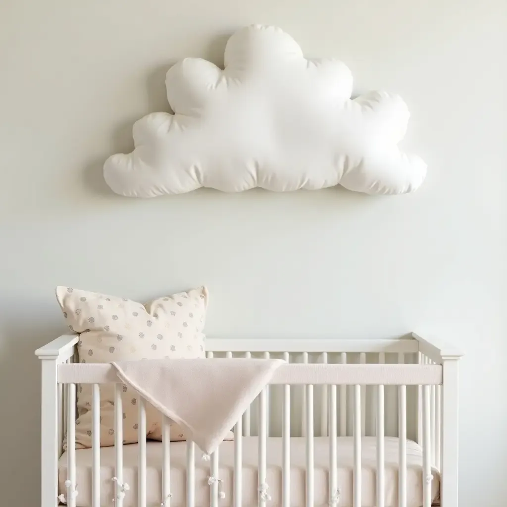 a photo of a nursery with whimsical cloud-shaped throw pillows