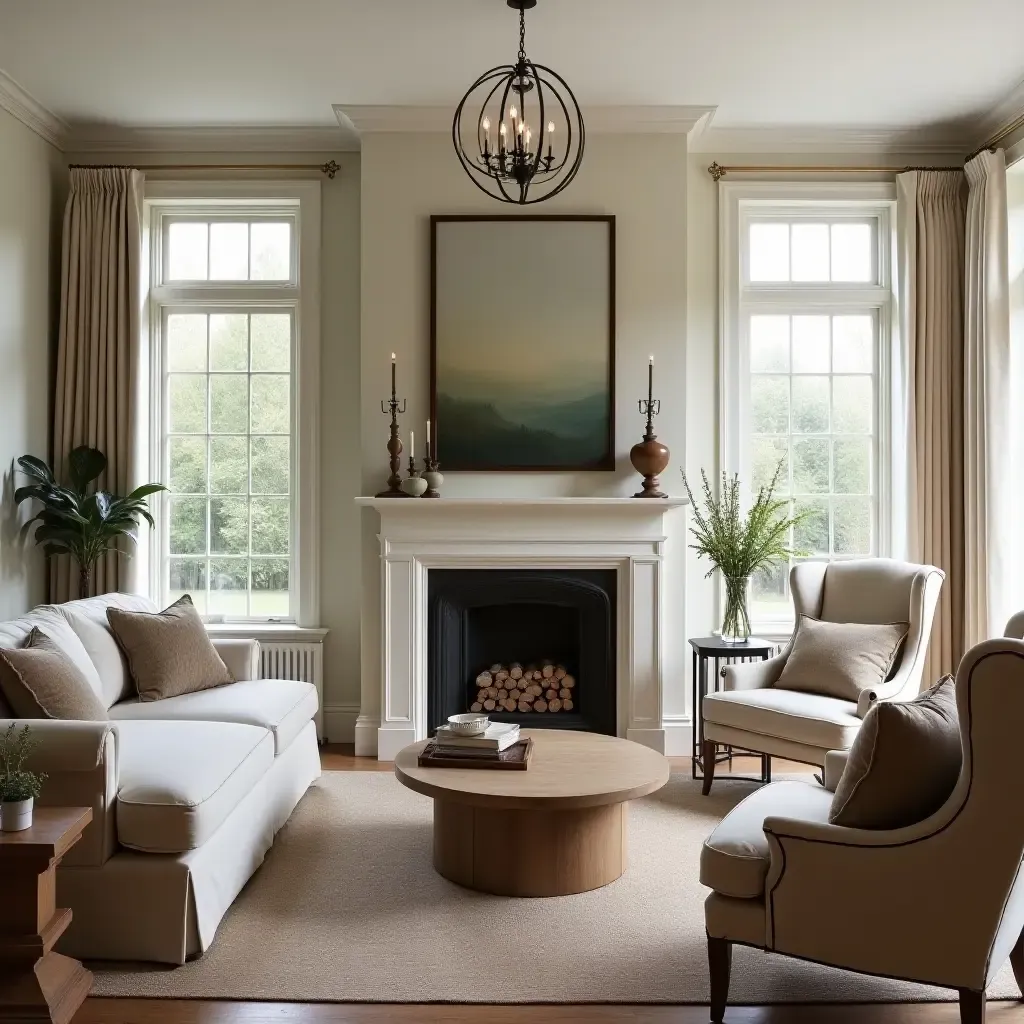 a photo of a stylish living room with antique furniture and farmhouse charm