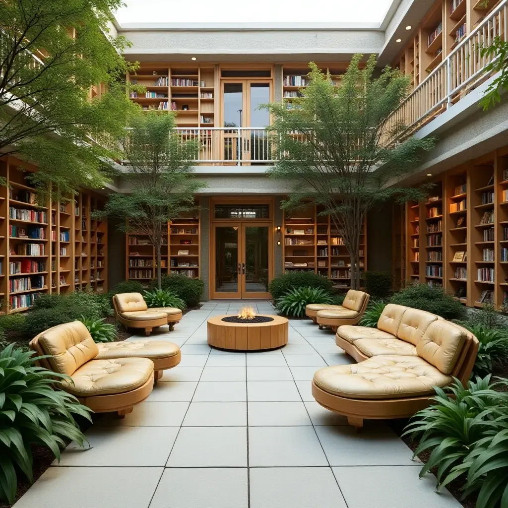 a photo of an outdoor library space with seating and greenery