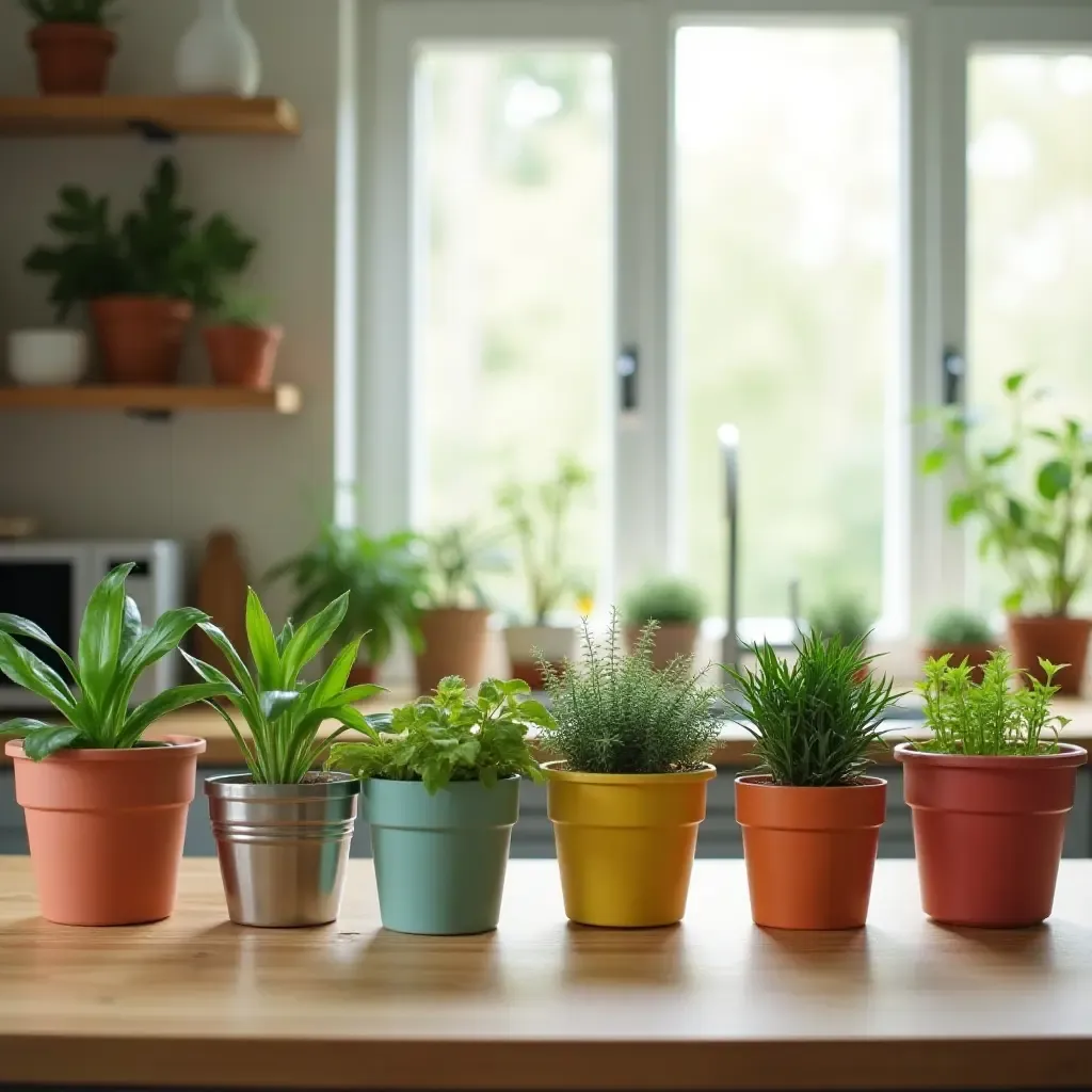 a photo of a kitchen with a colorful collection of plant pots