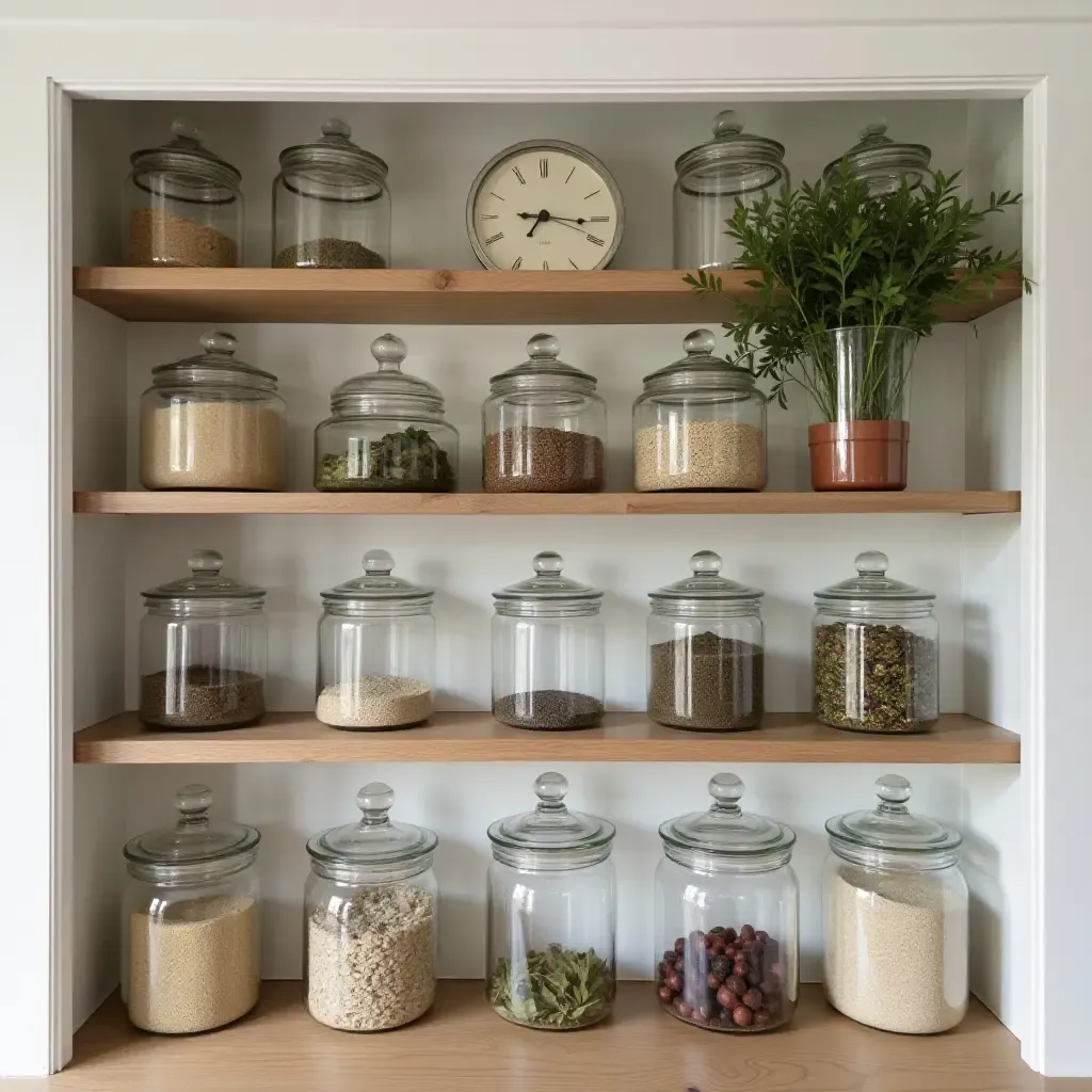 a photo of open shelving filled with mason jars and herbs