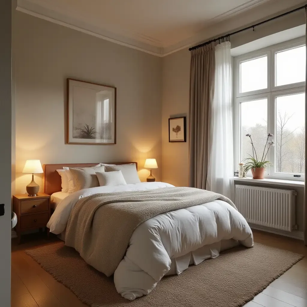 a photo of a cozy Scandinavian bedroom with a warm, inviting ambiance