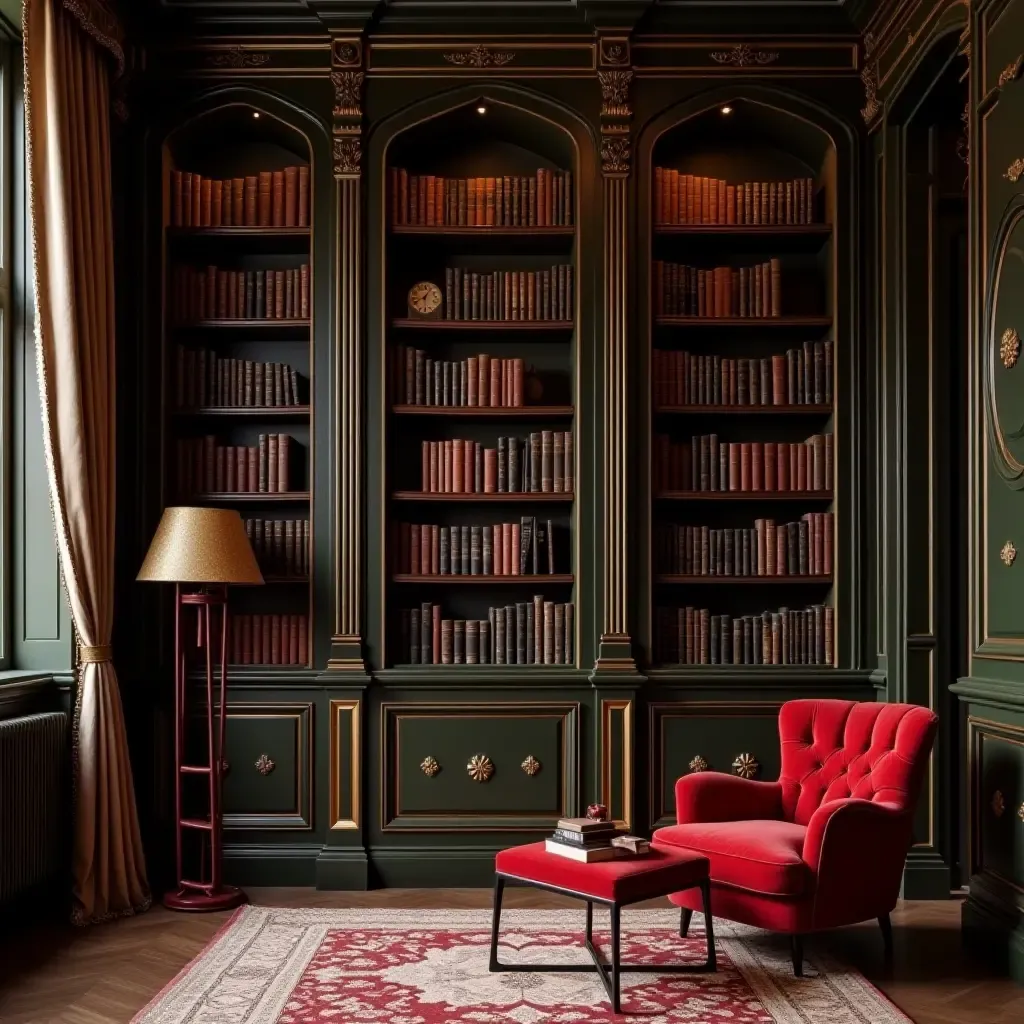 a photo of a glamorous library featuring a stylish ladder and ornate shelves