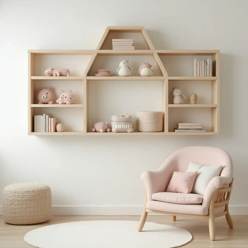 a photo of a whimsical nursery with wooden shelves and soft fabric toys