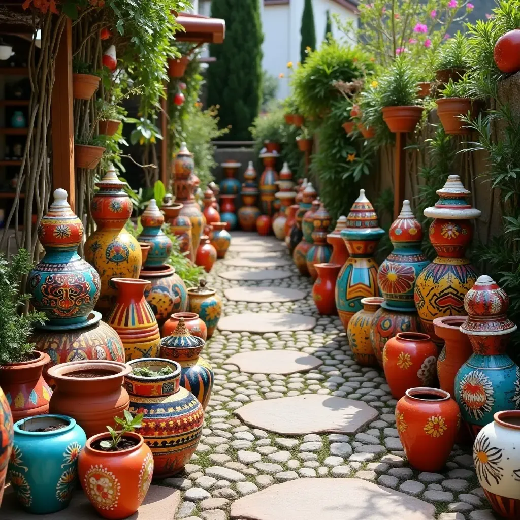 a photo of a whimsical garden filled with colorful ceramic pots and traditional Mexican sculptures