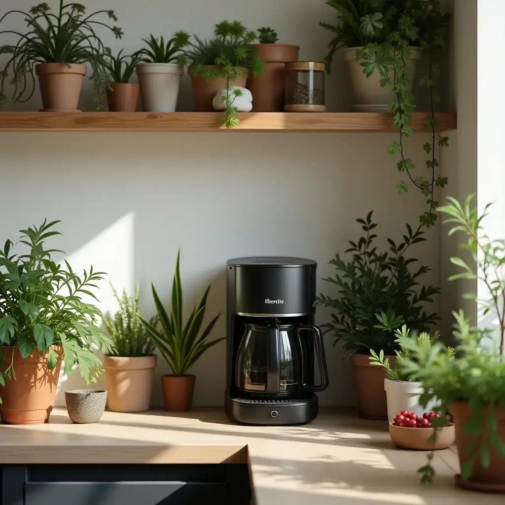 a photo of a kitchen with plants arranged around a coffee maker