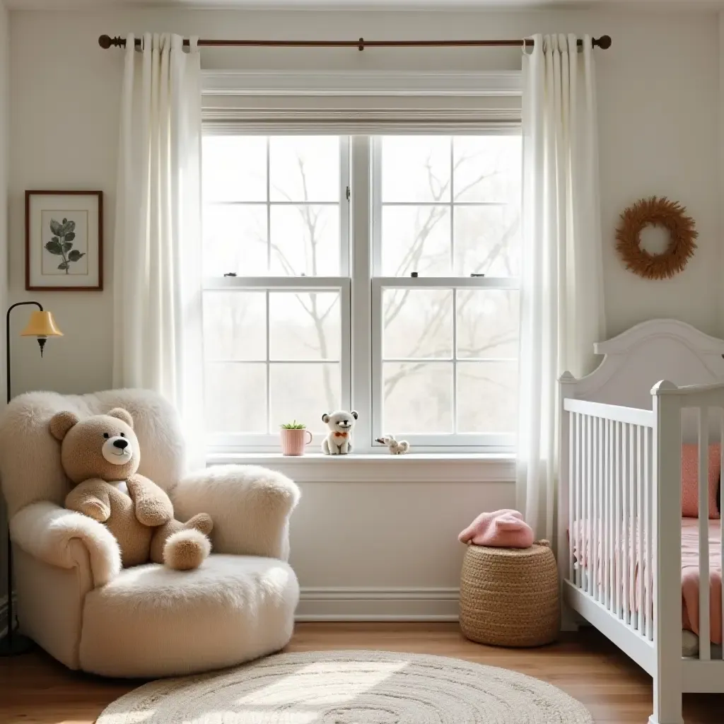 a photo of a nursery with a cozy reading nook and a pet bed