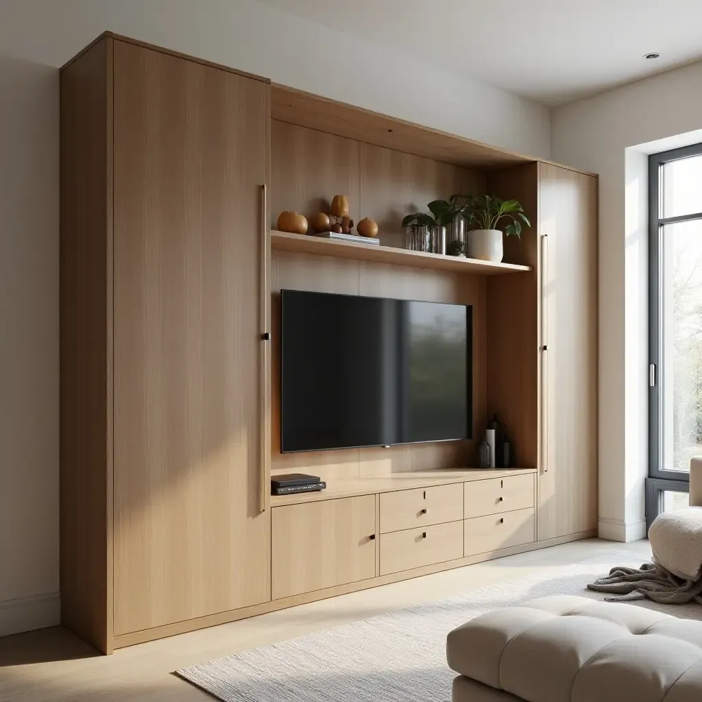 a photo of a modern living room featuring foldable storage solutions