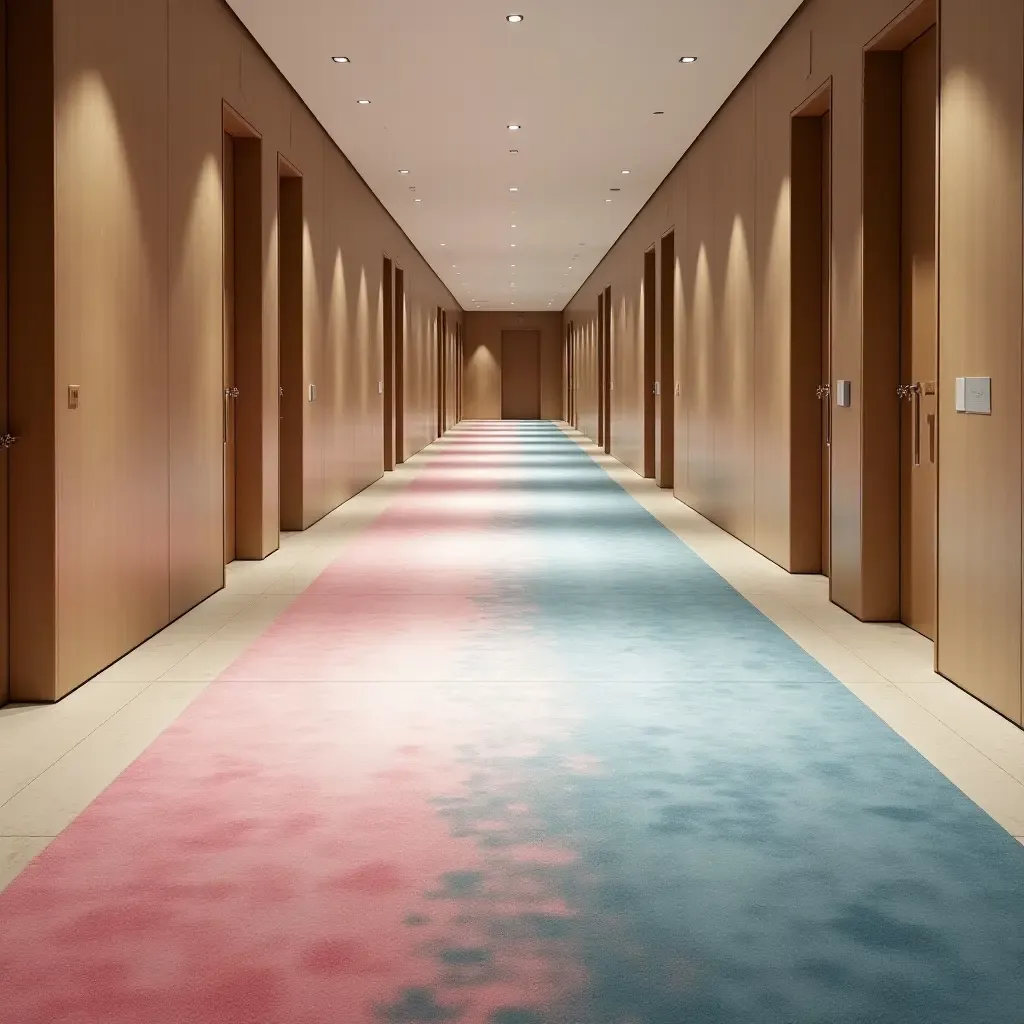 a photo of a hand-dyed rug with gradient colors in a corridor