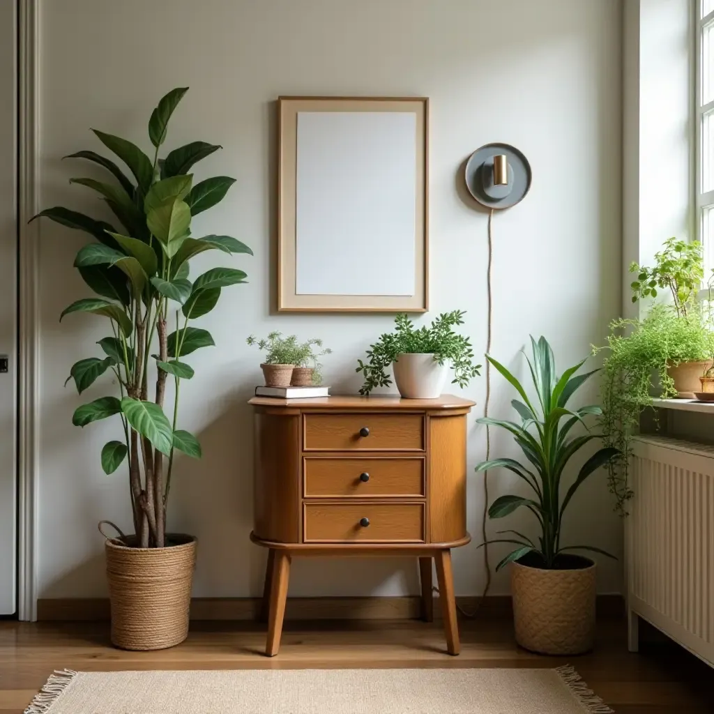 a photo of a charming space with a vintage side table and plants