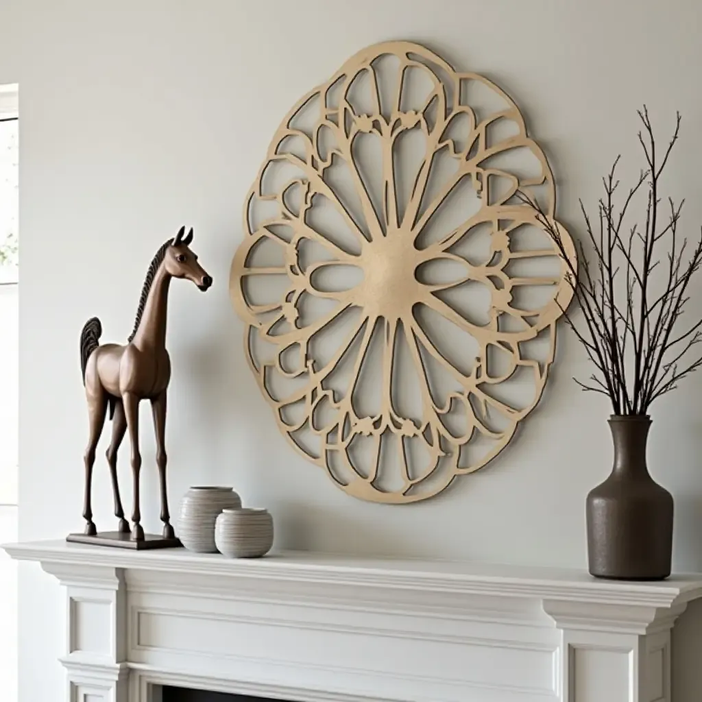 a photo of decorative metal sculptures on a mantel