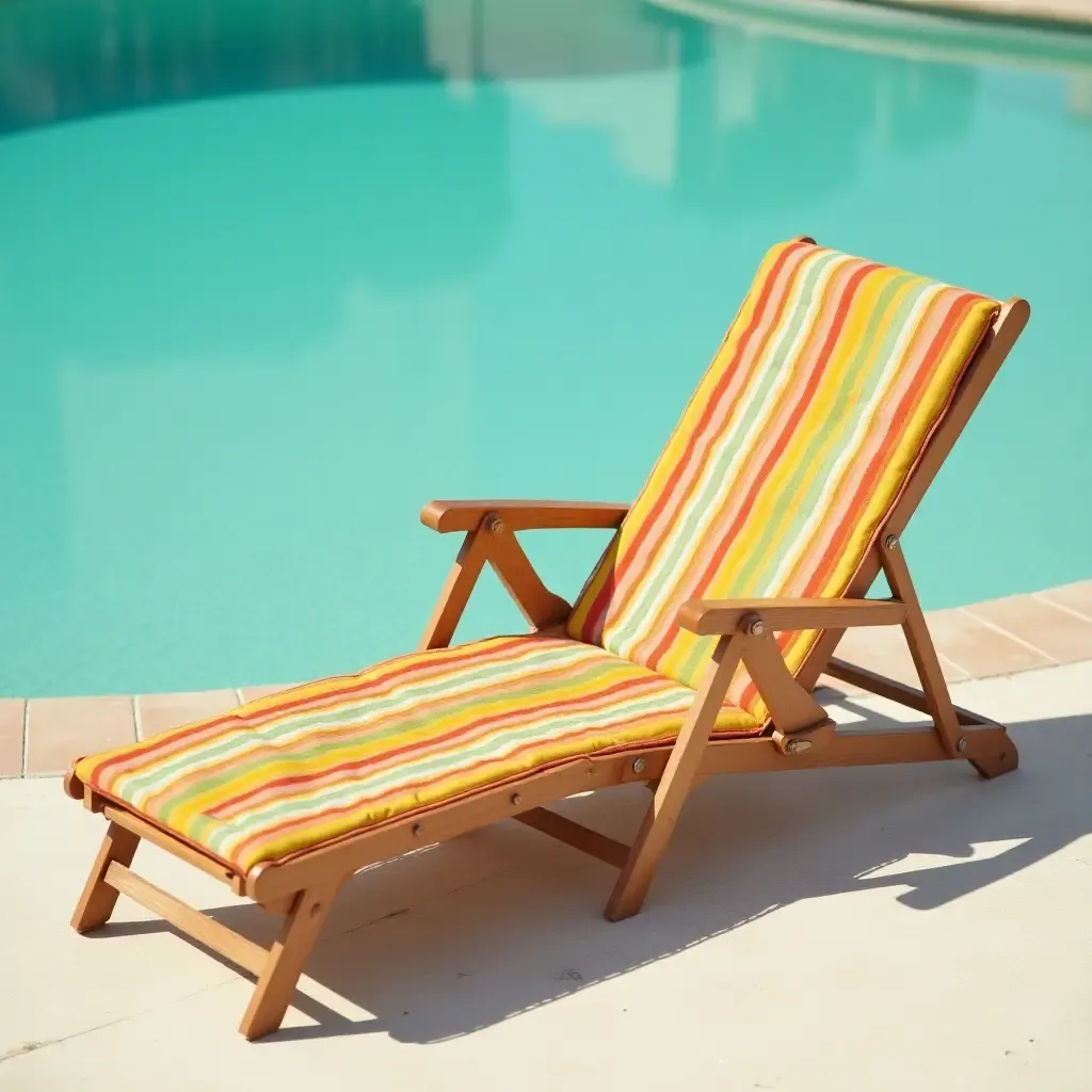 a photo of a vintage poolside lounge chair with colorful stripes