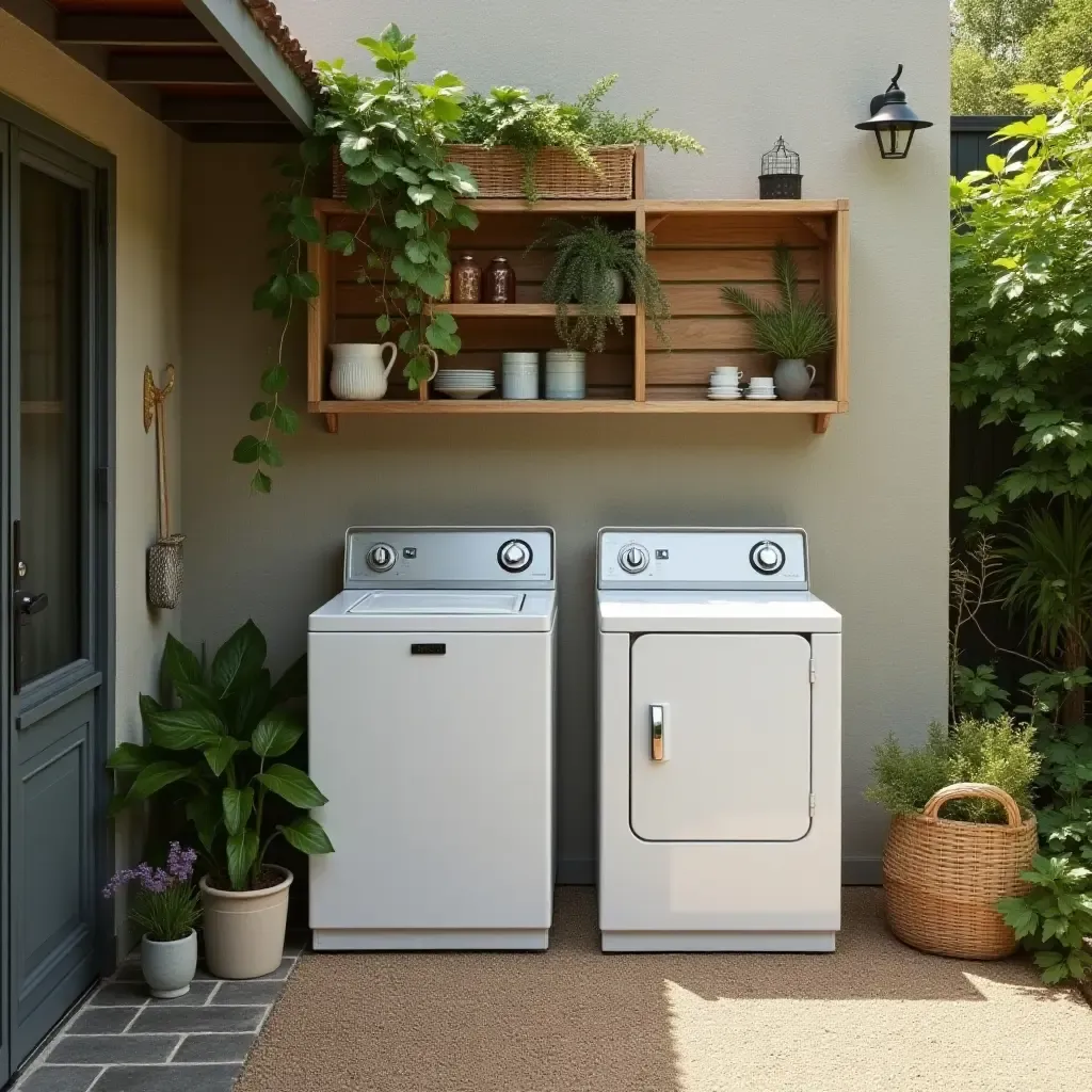 a photo of a vintage-inspired outdoor laundry setup with retro appliances