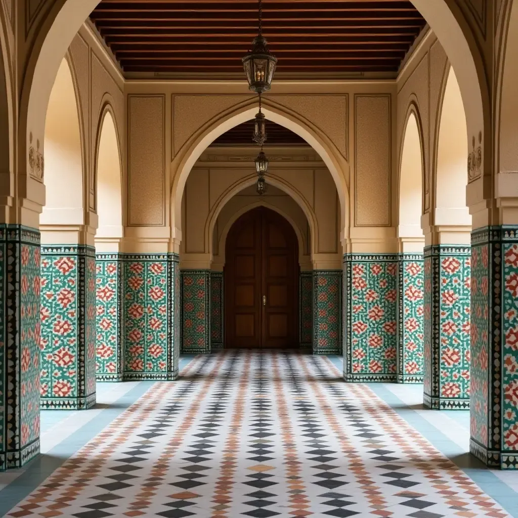 a photo of an entrance hall featuring arched doorways and colorful mosaic patterns