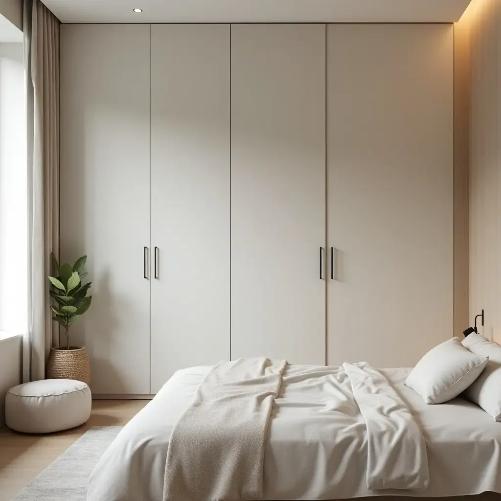 a photo of a serene bedroom with a minimalist wardrobe and soft textures