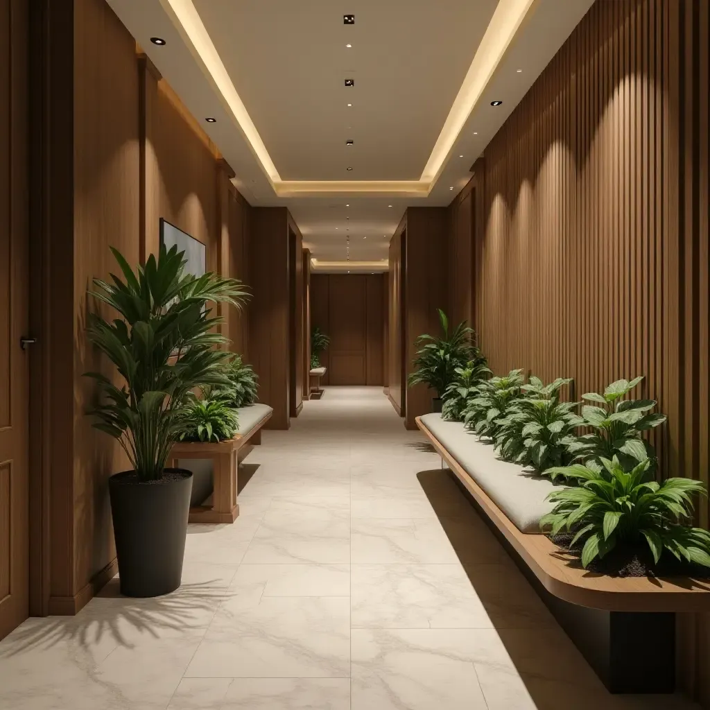 a photo of a corridor with a modern plant bench design