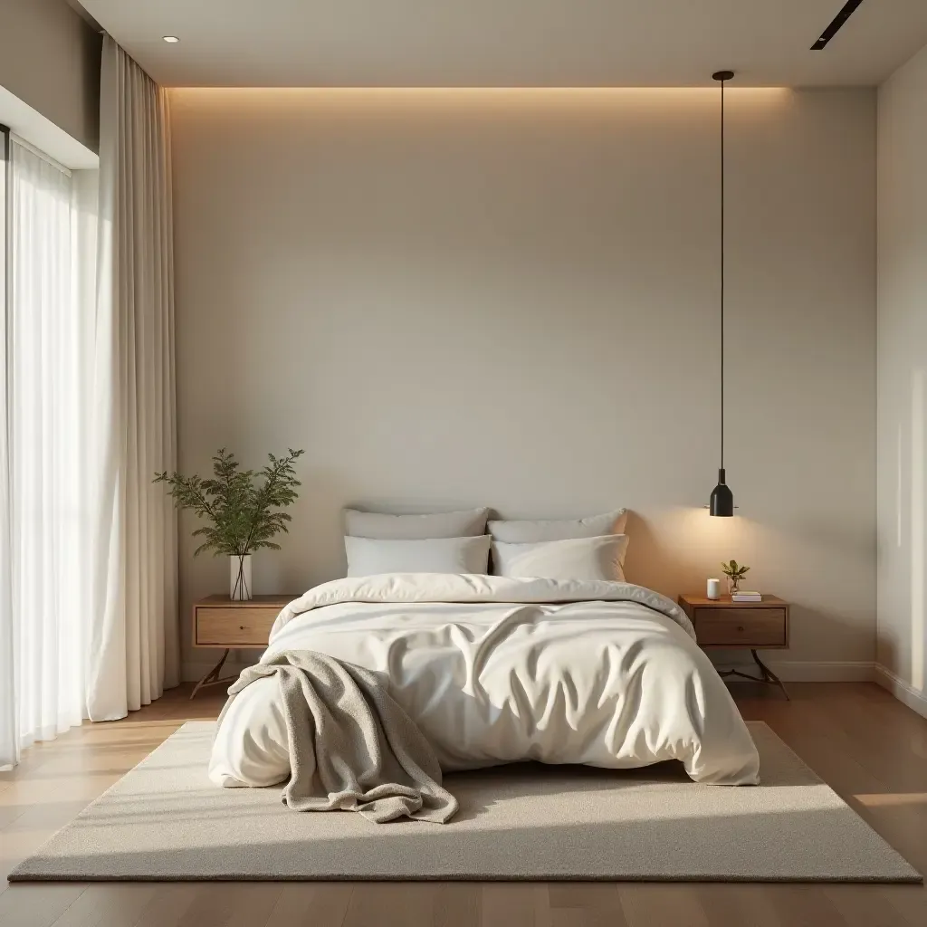 a photo of a tranquil bedroom with soft, diffused lighting and minimalist decor