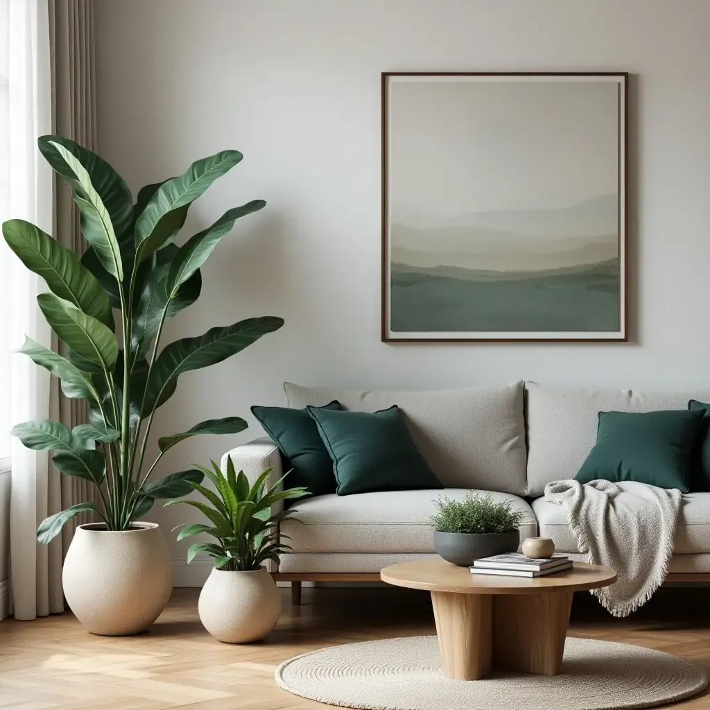 a photo of a living room adorned with dark green plants in ceramic pots