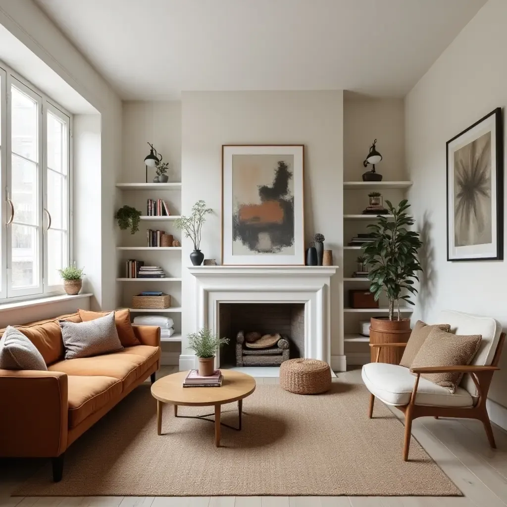 a photo of a small living room with a mix of vintage and modern decor elements