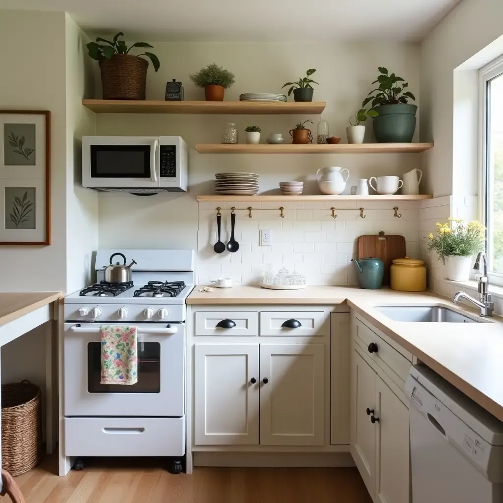 a photo of a small kitchen displaying a mix of vintage and modern decor