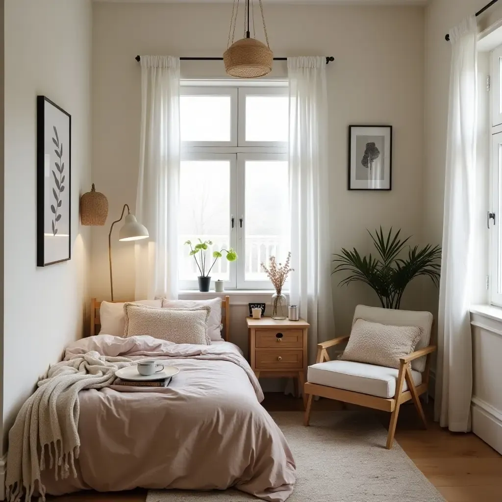 a photo of a minimalist workspace in a bohemian-themed bedroom