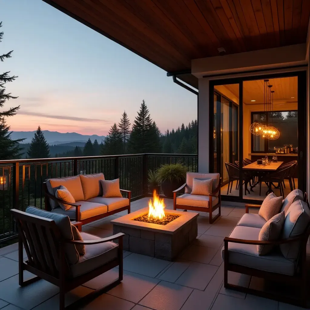 a photo of a balcony featuring a cozy fire pit and outdoor seating