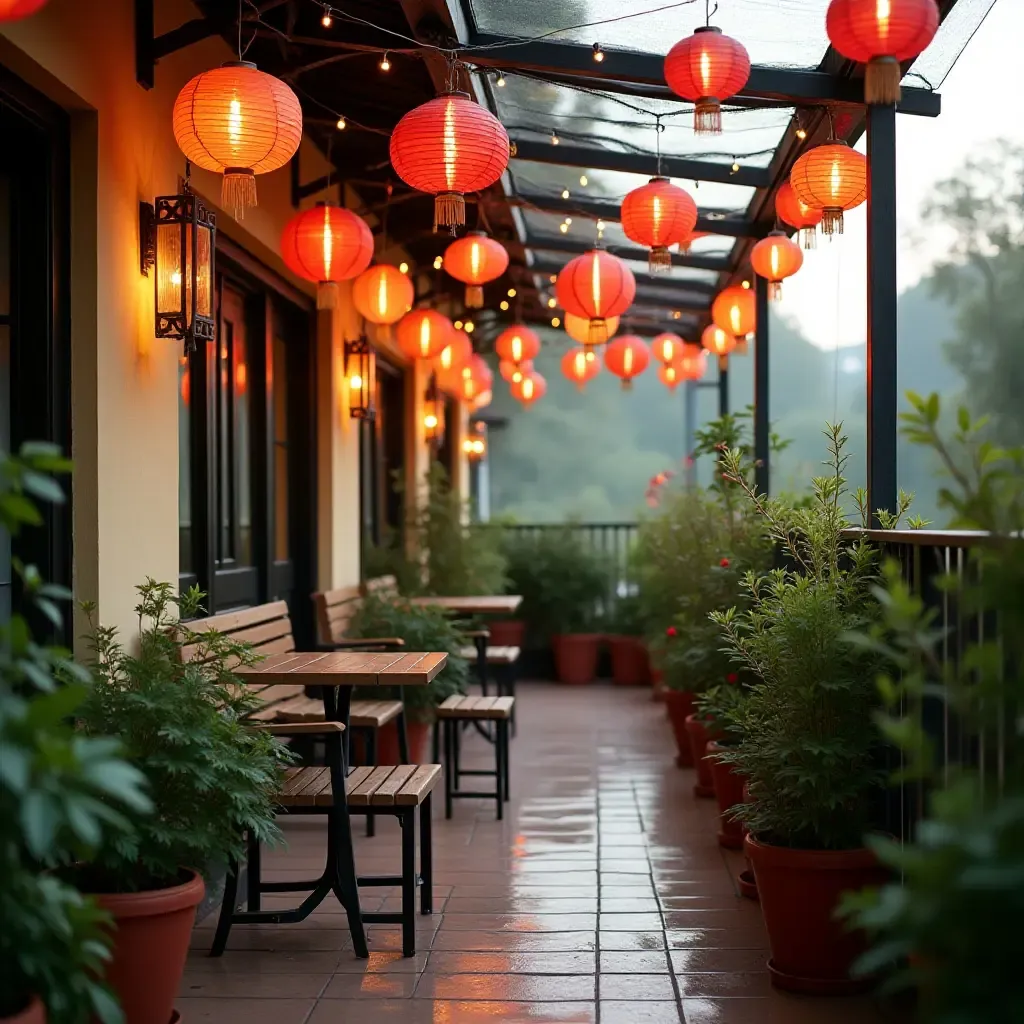 a photo of a balcony decorated with colorful paper lanterns and plants