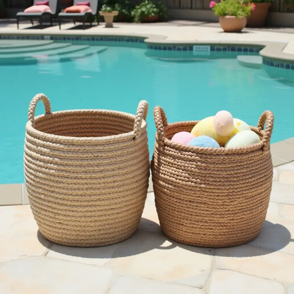 a photo of decorative baskets used for pool toy storage