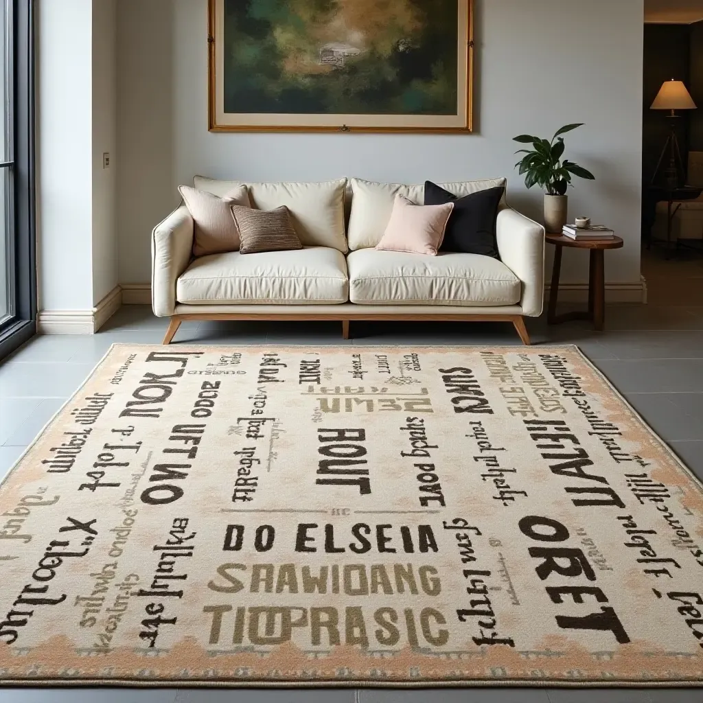 a photo of a large, graphic rug with literary themes in a modern space