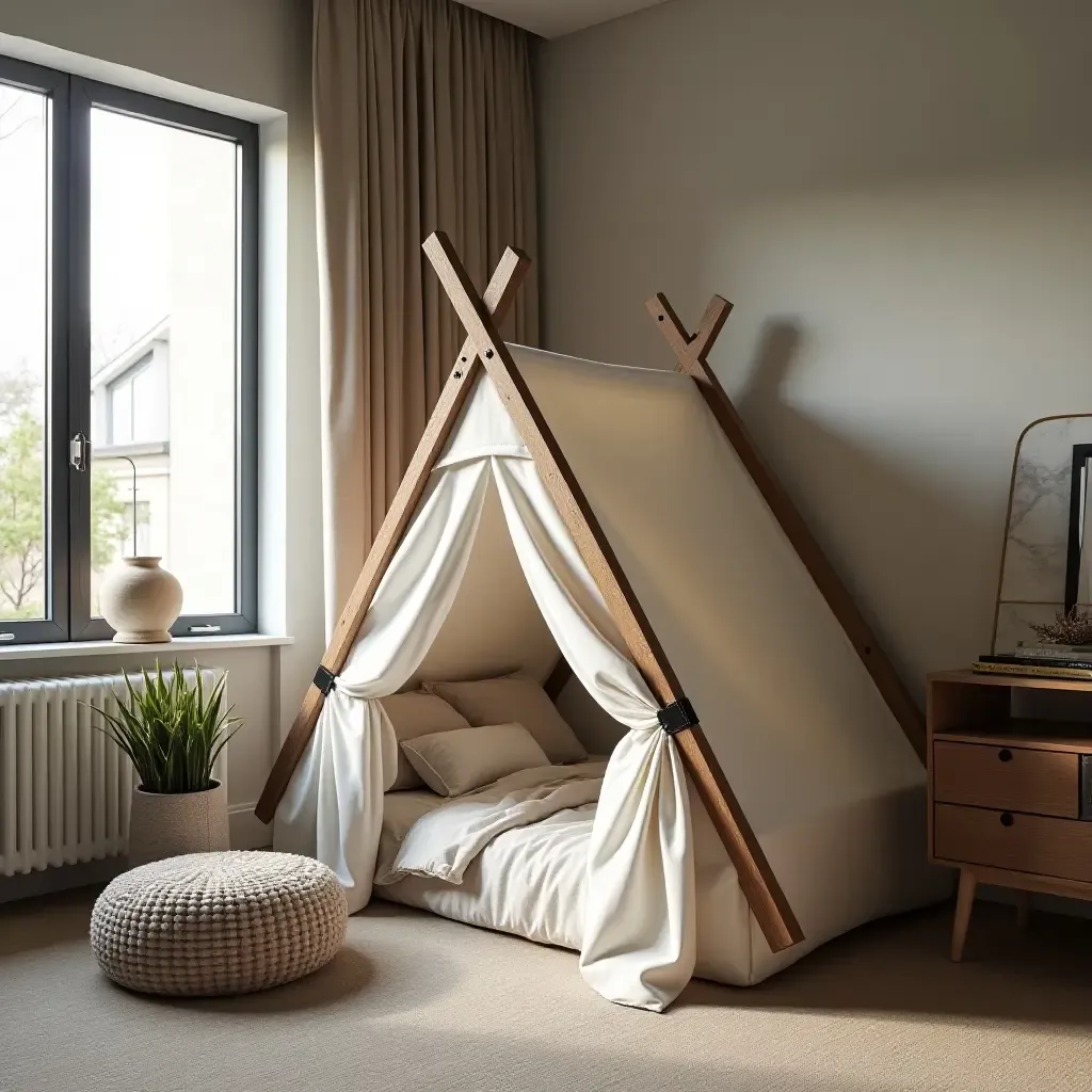 a photo of a playful, industrial-inspired play tent in a bedroom