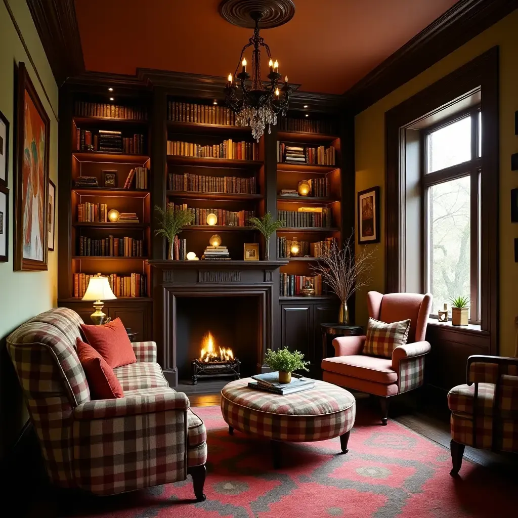 a photo of a warm, inviting home library with soft lighting and plaid accents