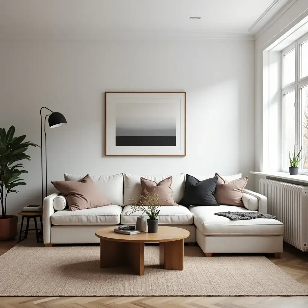 a photo of a stylish Scandinavian living room featuring a mix of vintage and modern decor