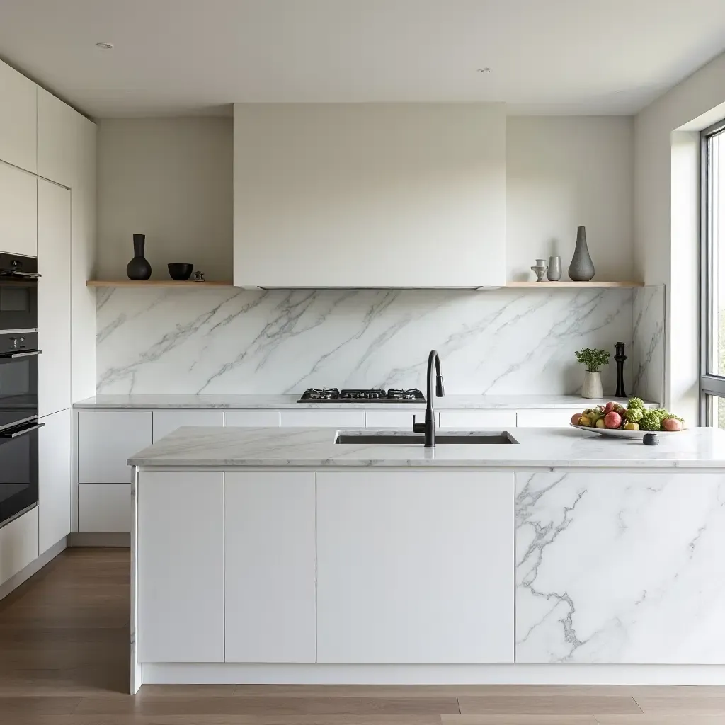 a photo of minimalist kitchen countertops with sleek marble and modern appliances