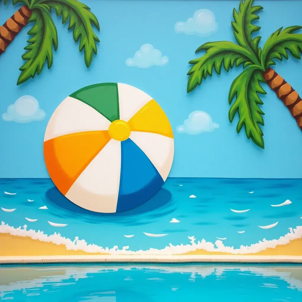 a photo of a playful beach ball mural on a pool wall