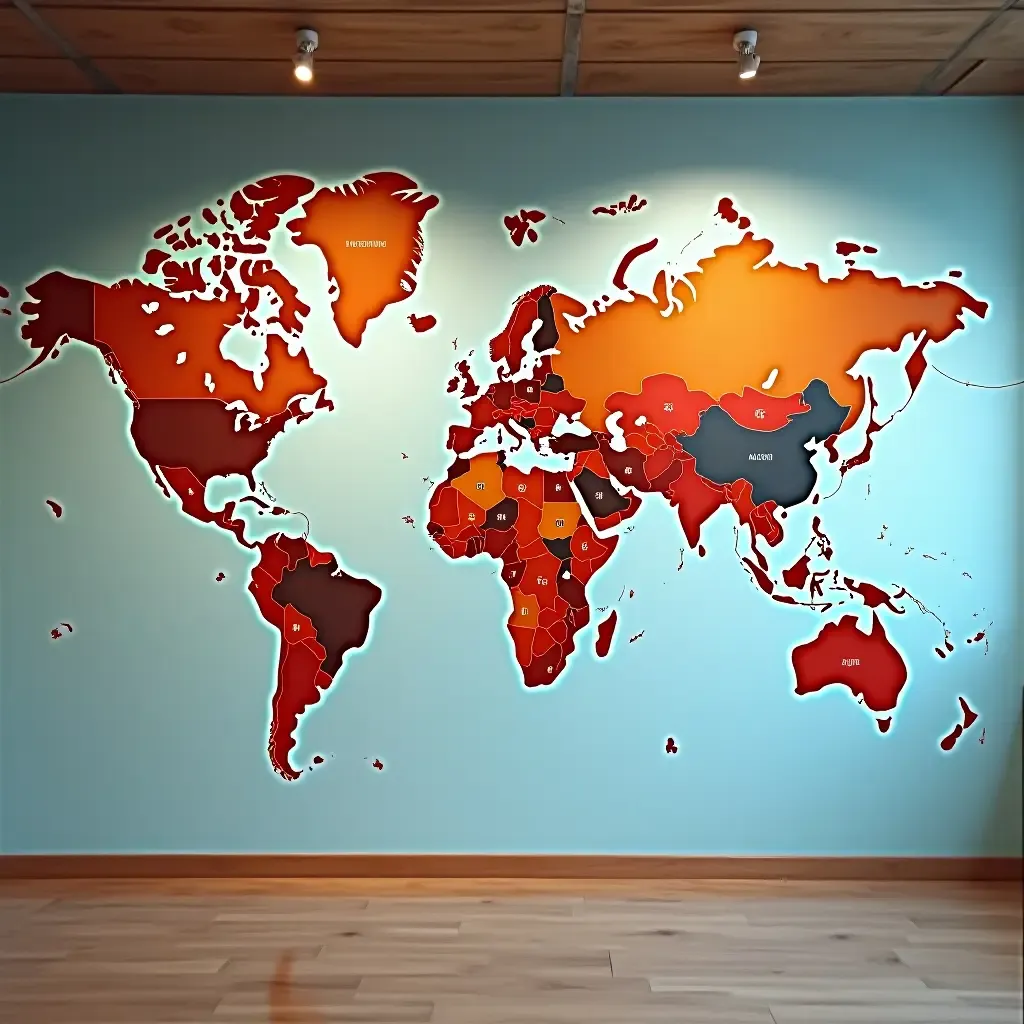 a photo of a basement wall featuring a large world map mural