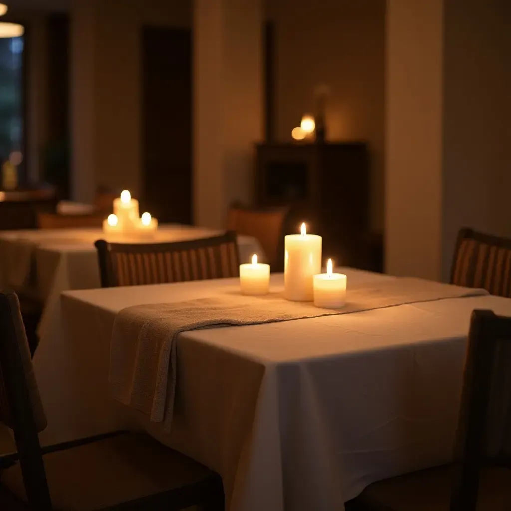 a photo of a cozy dining area with soft table linens and warm candles