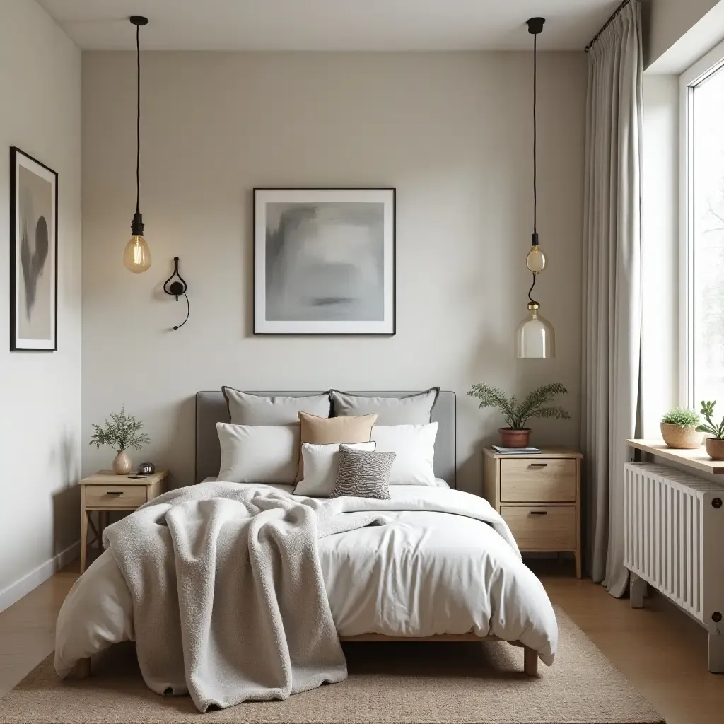 a photo of a children’s bedroom featuring metal pipes as decor