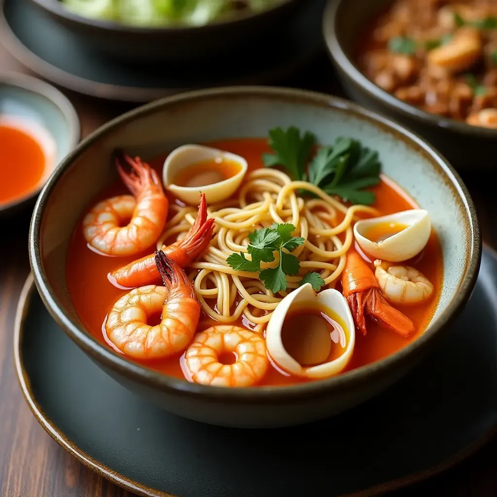 a photo of Korean seafood noodle soup with shrimp, squid, and clams in a spicy broth